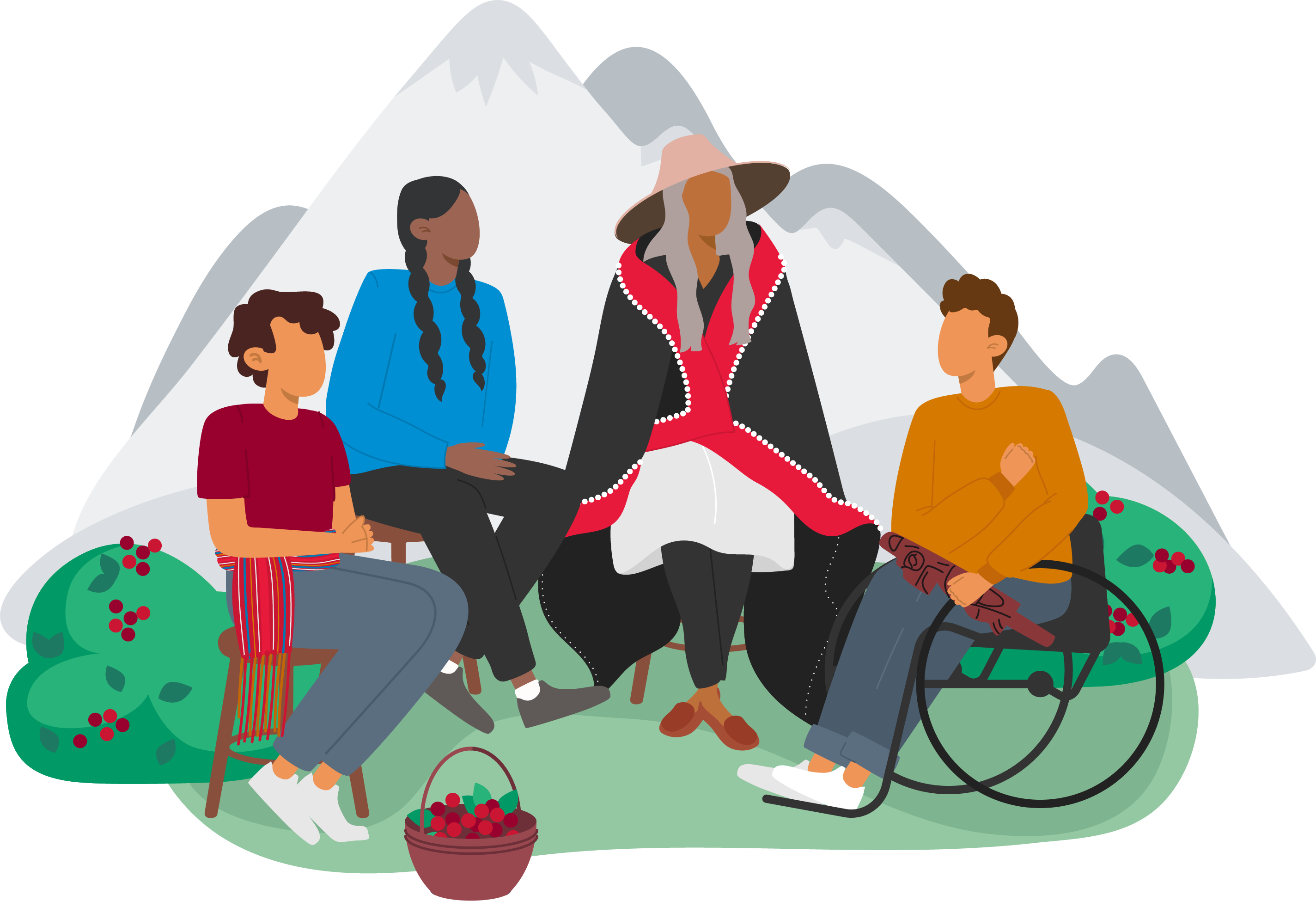 An illustration of four people in a talking circle. One person is wearing a Métis sash, two are wearing modern clothing, and another is in a wheelchair.