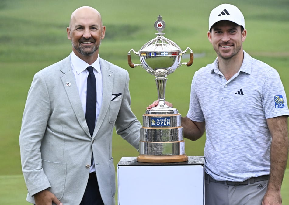 Golf Canada CEO Laurence Applebaum presenting the 2023 RBC Canadian Open Championship award to Nick Taylor