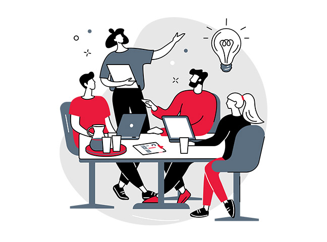 An illustration of four employees discussing at a meeting table with charts and laptops and a magnified lightbulb in the top right corner.