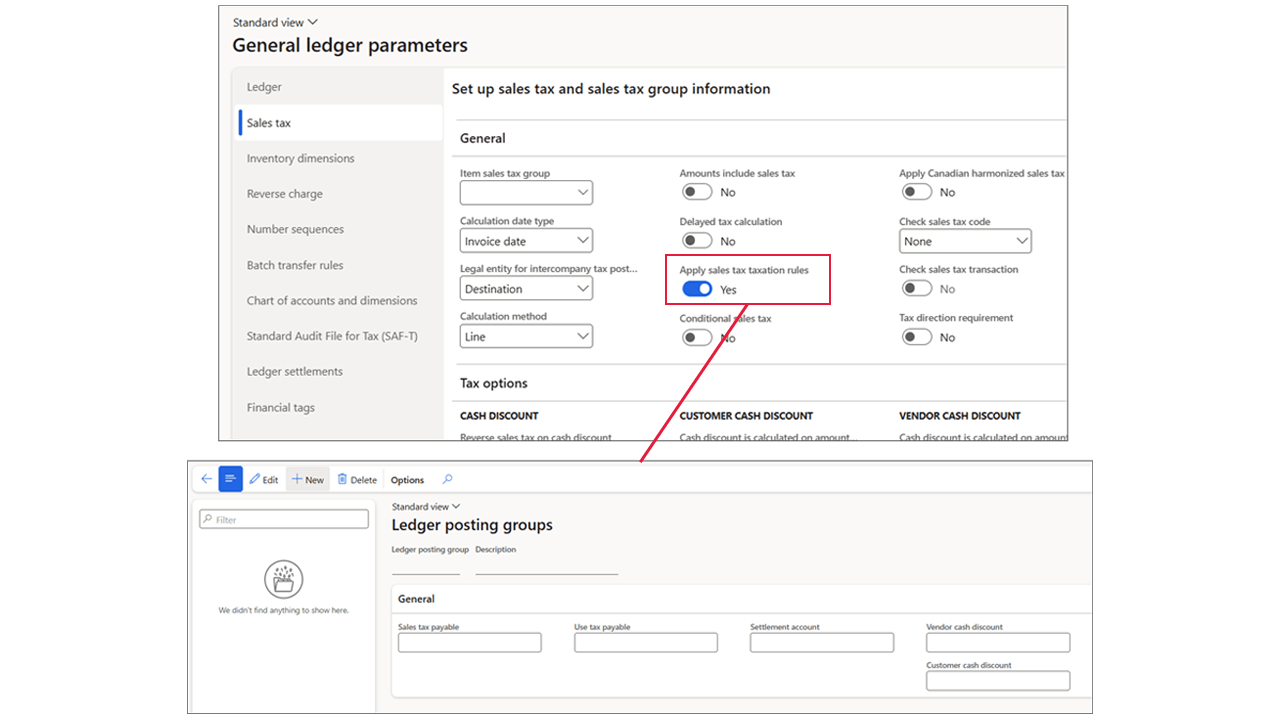 Screenshots of the ‘General ledger parameters’ and ‘Ledger posting groups’ windows. ‘Yes’ is selected for the ‘Apply sales tax taxation rules’ field.