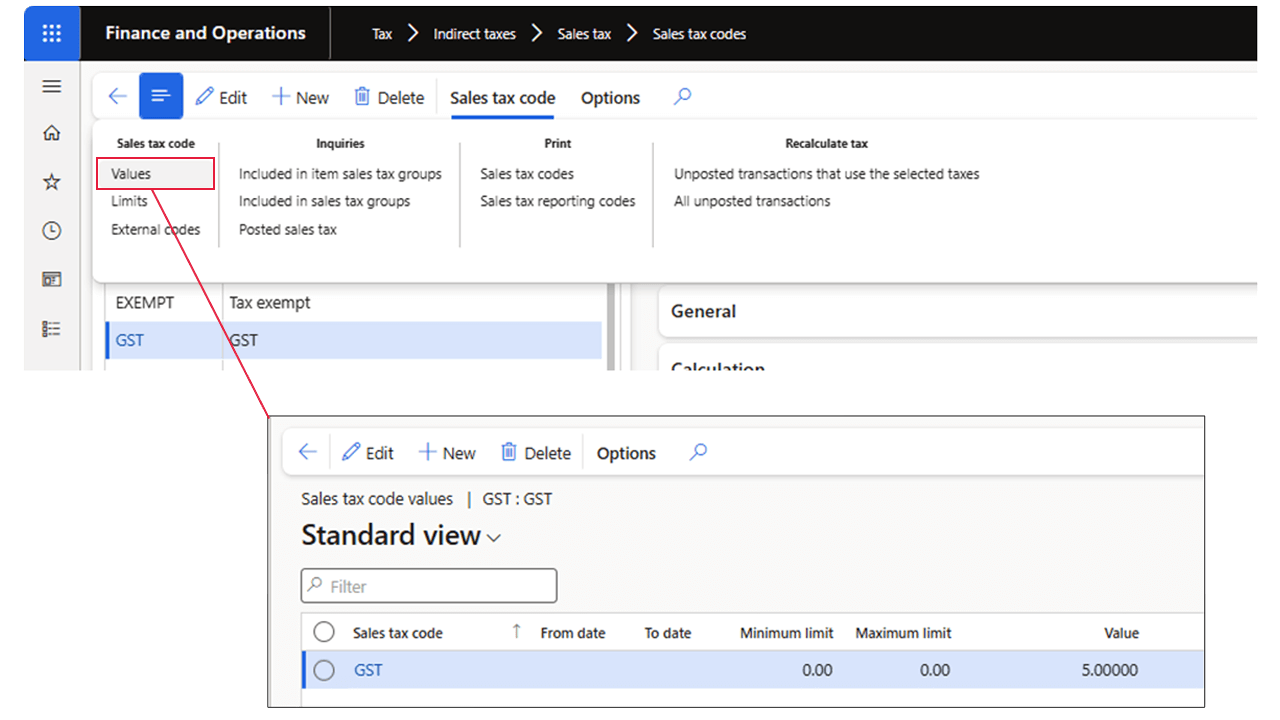 A screenshot of the Sales tax code window in Microsoft Dynamics 365 F&O depicting that sales tax values are connected to the sales tax codes.
