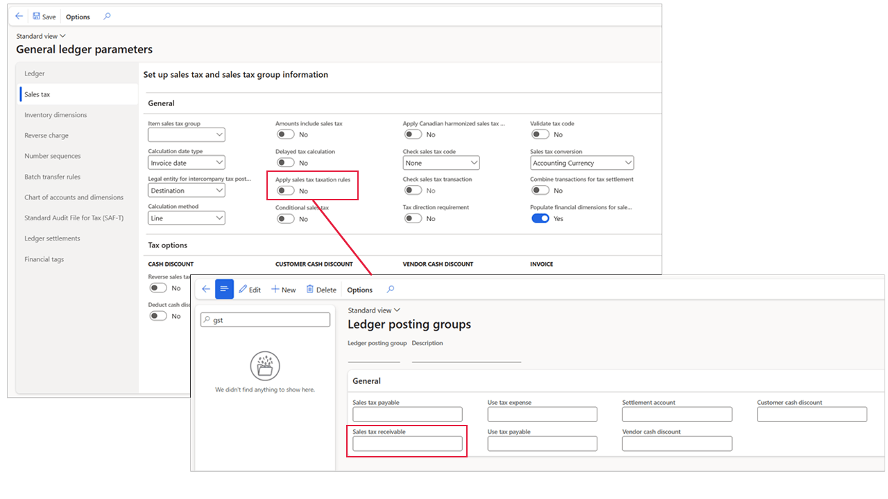 Screenshots of the ‘General ledger parameters’ and ‘Ledger posting groups’ windows. ‘No’ is selected for the ‘Apply sales tax taxation rules’ field, showing that this option changes the fields available in the ‘Ledger posting groups’ window.