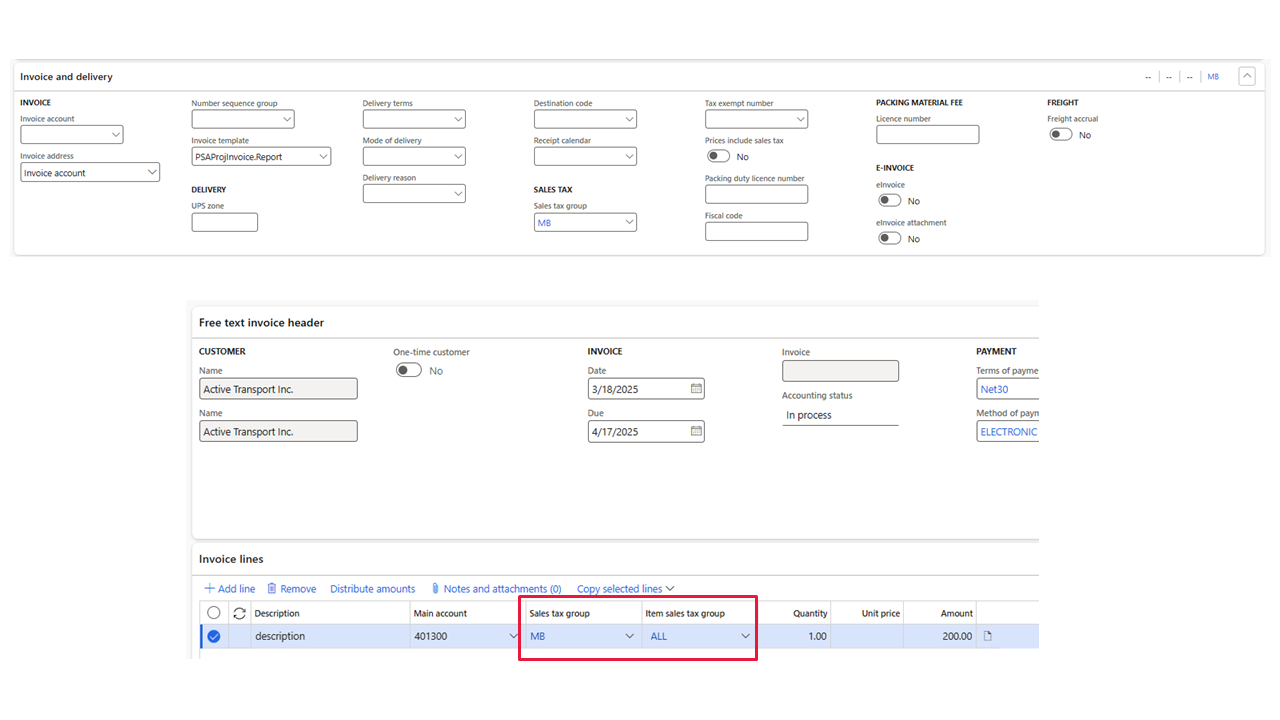 A screenshot of the Free text invoice window in Microsoft Dynamics 365 F&O. A red box outlines the sales tax and item sales tax groups headings.
