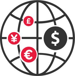 An icon of a globe with smaller icons of the dollar, yen, euro, and pound inside it.