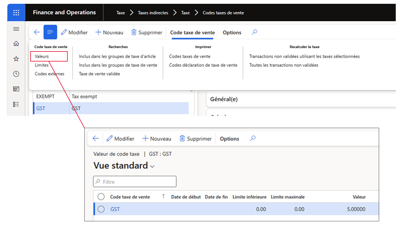 Une capture d’écran de la fenêtre Codes de taxes de vente dans D365 F&O montre que la valeur des taxes de vente est liée aux codes.
