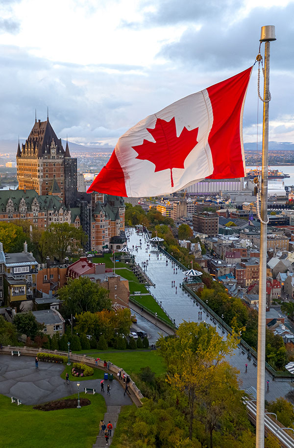 Canadian flag flying over Old Quebec City