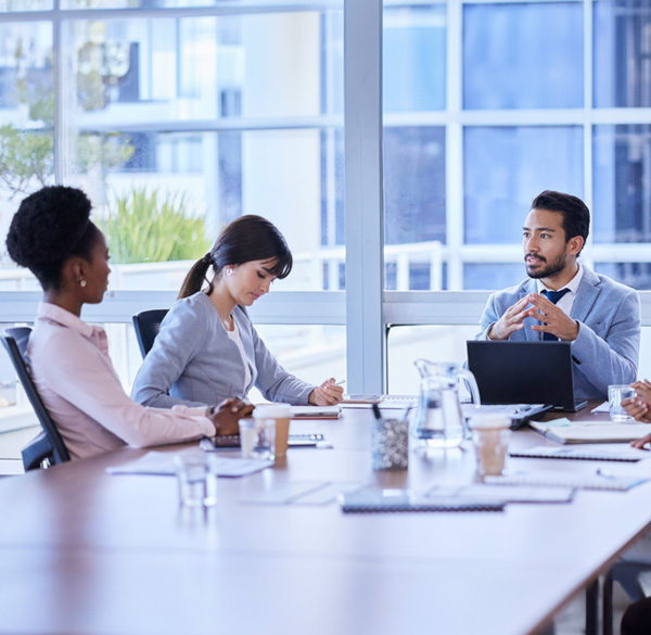 A diverse group of business professionals sitting around a table having a discussion