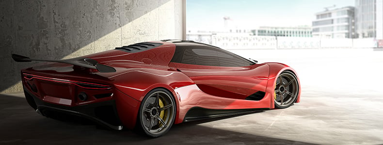 red sports car in garage