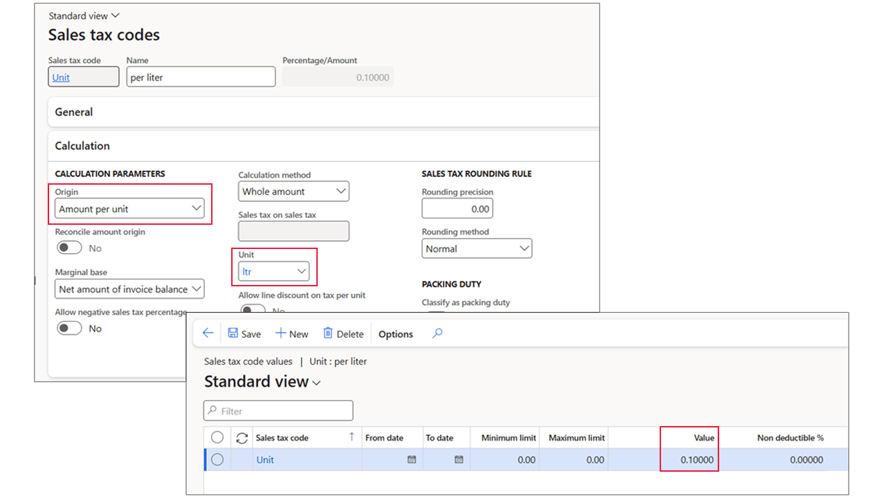 A screenshot of the ‘Sales tax codes’ window with a red box outlining the ‘Amount per unit’ and ‘Unit’ fields, showing that any per-unit tax will be reflected in the ‘Values’ column in the ‘Sales tax code values’ window.