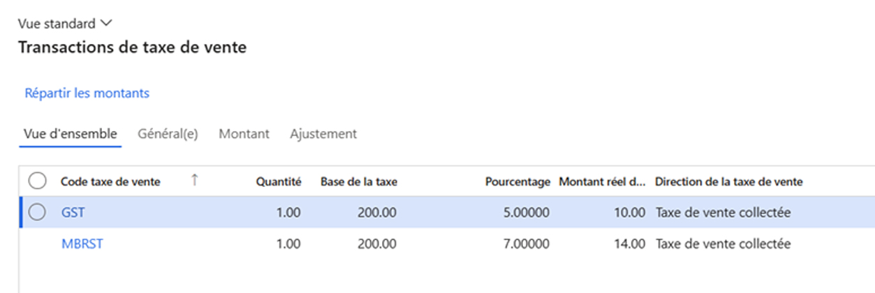 Capture d’écran de la fenêtre « Transactions de taxe de vente » dans D365 F&O montrant les calculs des taxes de vente.