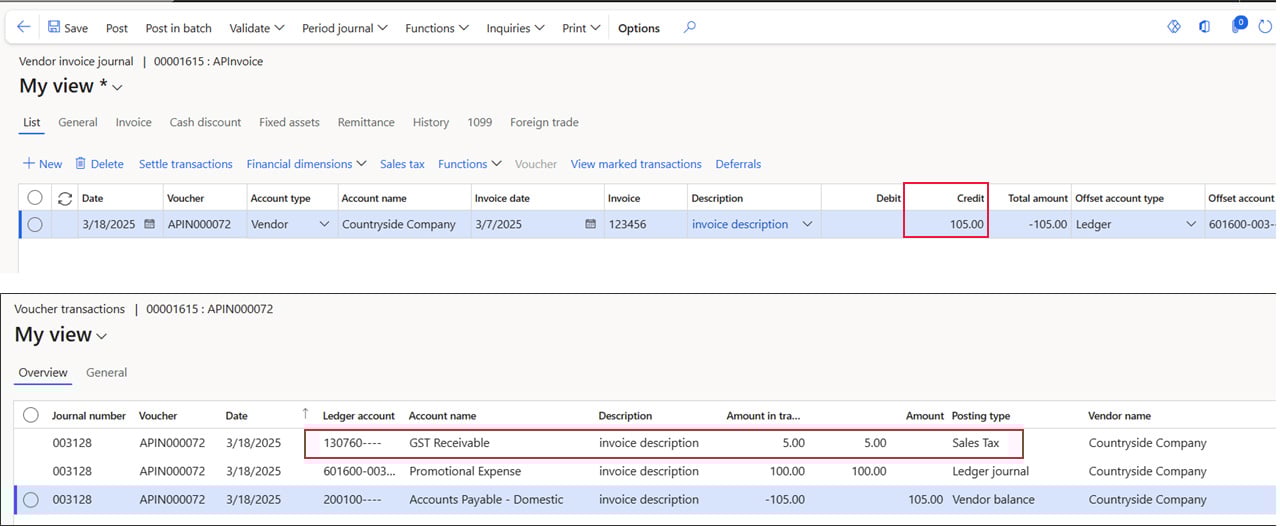 A screenshot of the ‘My view’ window depicting that if ‘No’ is selected in the ‘Apply sales tax taxation rules’ field, then the GST entered in the ‘Sales tax receivable’ field in the ‘Ledger posting groups’ window is configured for GST.