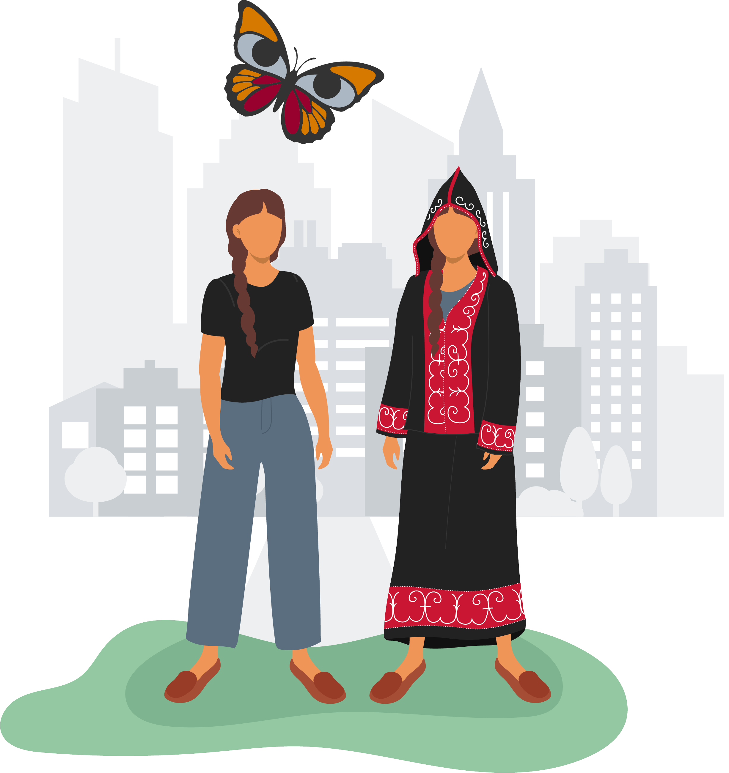 An illustration of the same person dressed two different ways, signifying the Two-Eyed Seeing concept. In one, they are wearing Indigenous clothing and the other, a t-shirt and jeans.