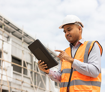 construction worker on tablet