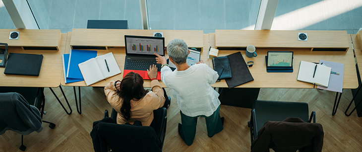 Overhead shot of two coworkers in office looking at financial data